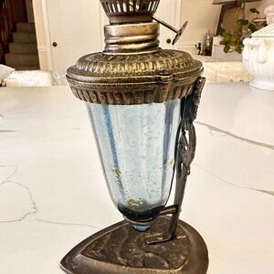 Vintage Blue Glass Whale Oil Lamp Brass Angel Base